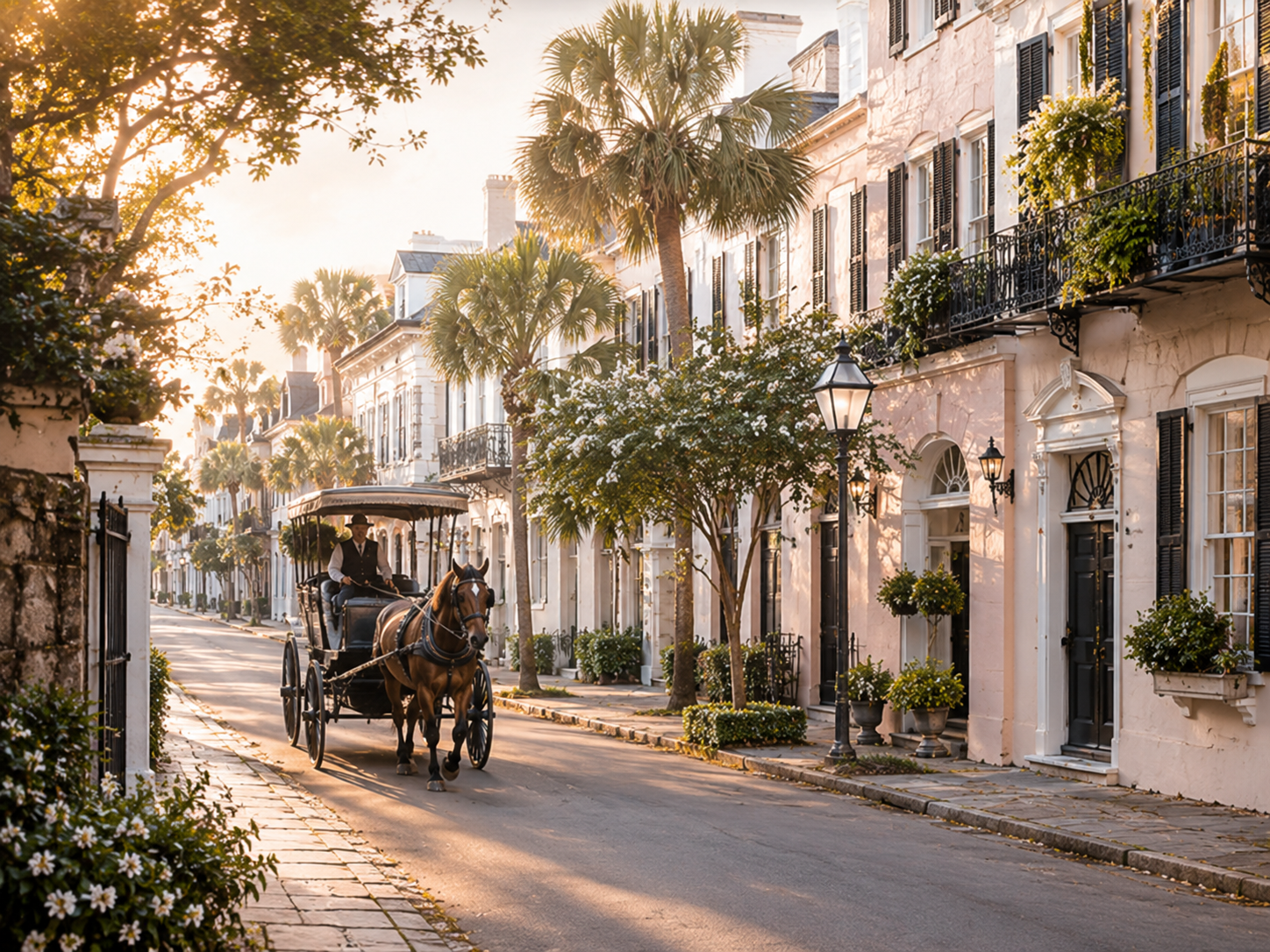 Horse-drawn carriage on a sunlit Charleston street