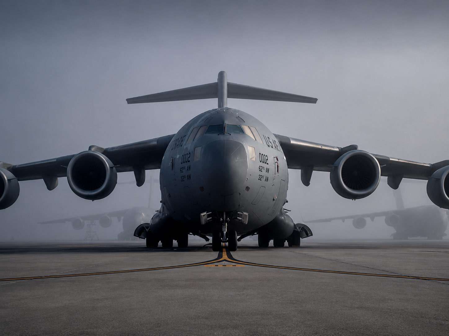 Military transport aircraft on a foggy runway